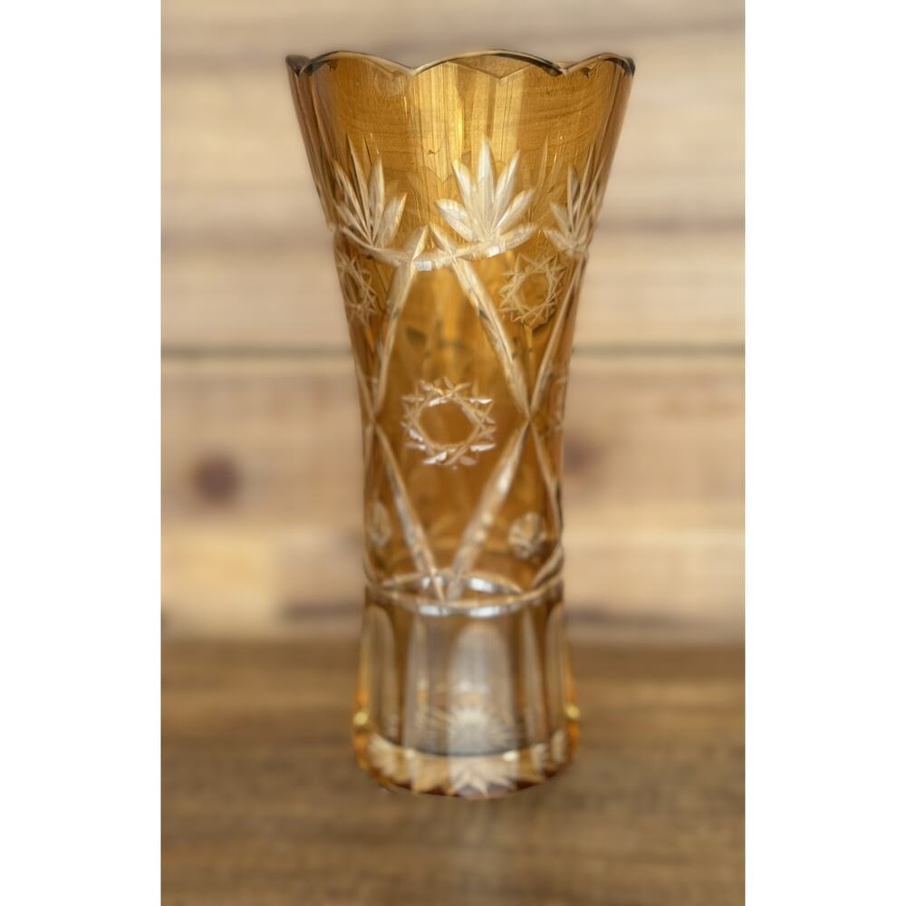 Vintage Amber Cut-to-Clear Glass Vase – 7"x3.5", Starburst & Leaf Design